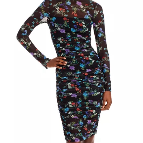 NWT Alice + Olivia Delora Floral Long Sleeve Ruched Turtleneck Dress - Picture 3 of 7